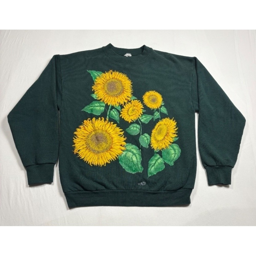 JERZEES Men's Green Sunflower Graphic Crewneck Pullover Sweatshirt Large